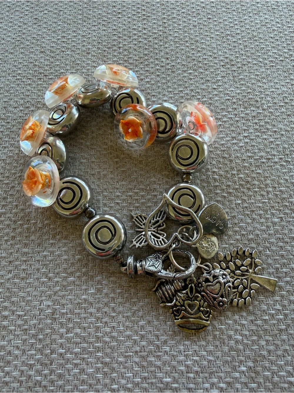 Multi Charm Beaded Vintage Lampwork Buttons Bracelet  Family Mom Themed Charms